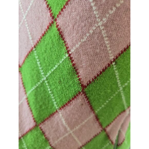 Vintage y2k Argyle Sweater Green Pink Wool Made In Italy Preppy Juniors Large - Picture 8 of 9